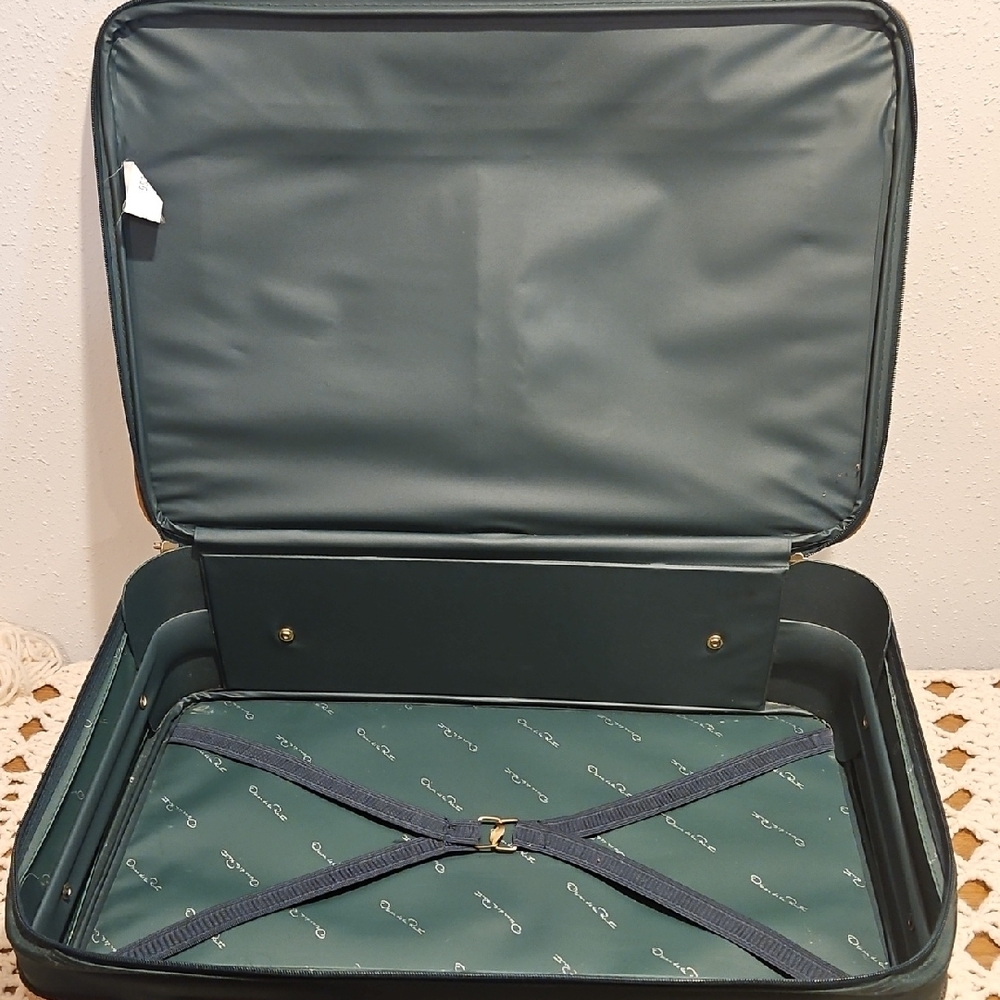 Oscar De La Renta Vintage Canvas Green & Tan Luggage Suit Case - Picture 12 of 16